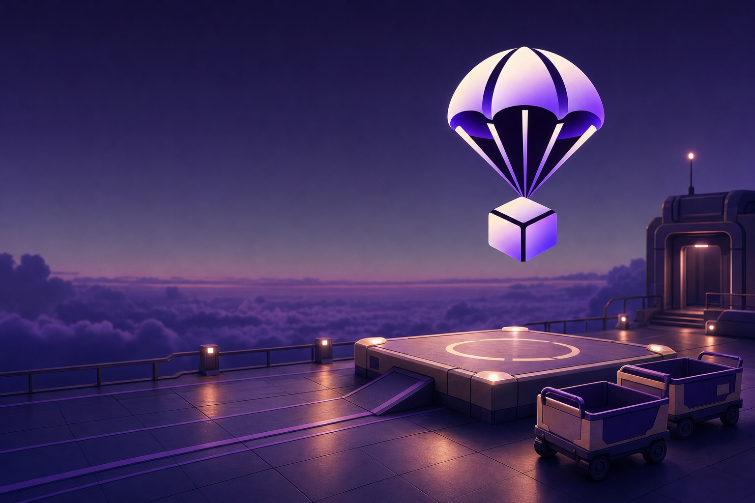 Parachute descending toward a quiet rooftop loading bay above a sea of violet clouds at dusk